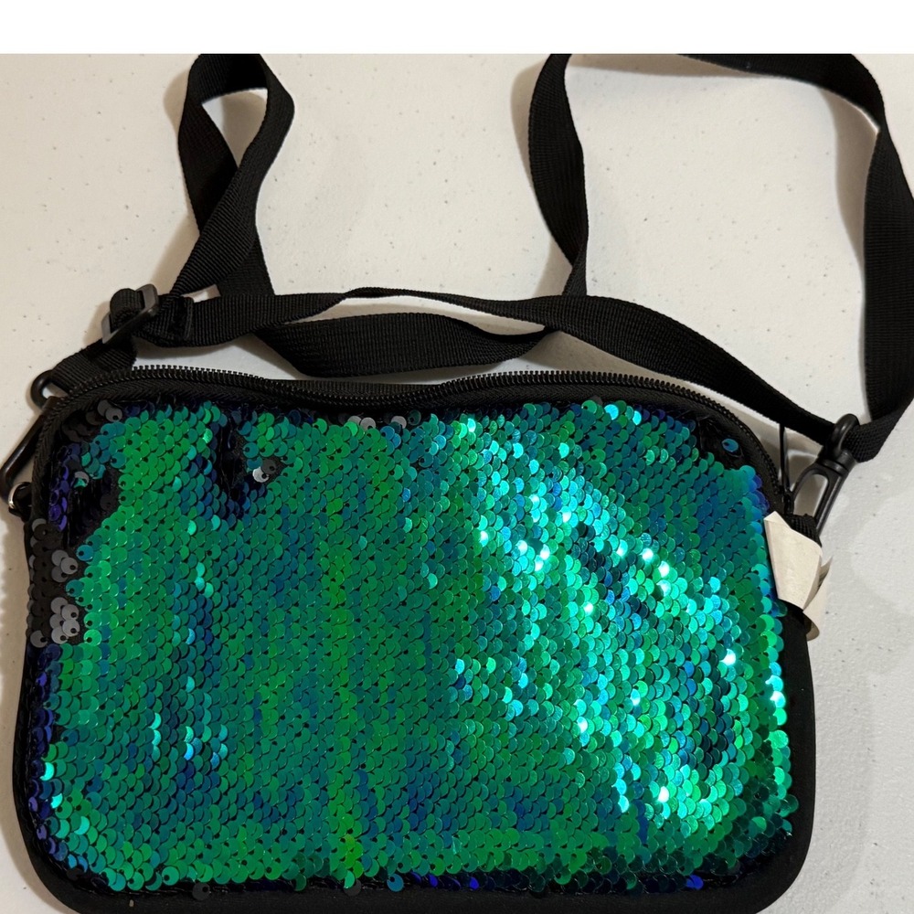 Reversible Sequin Crossbody Bag Teal Green Black Sparkly Small Messenger Pouch